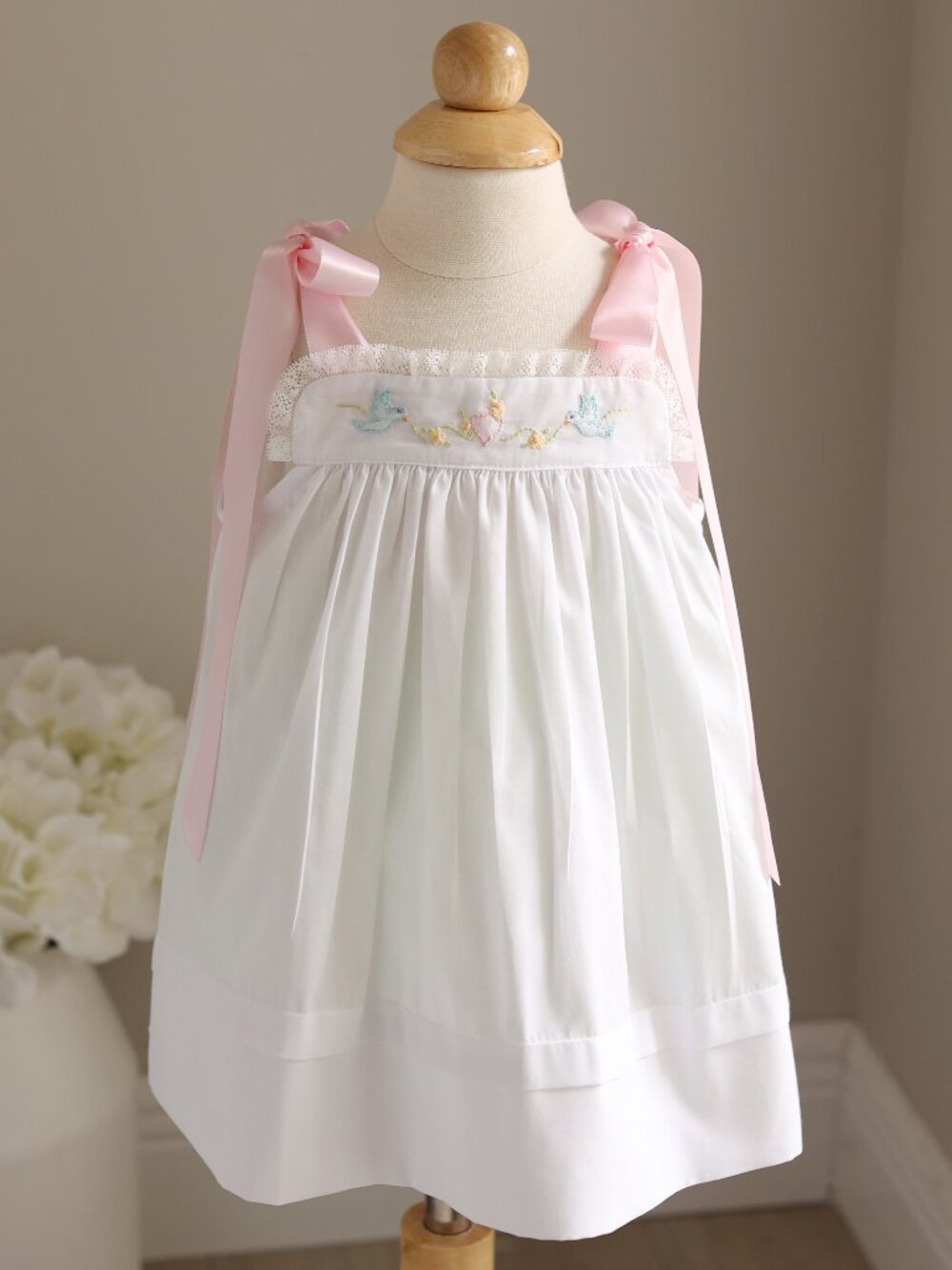 White Heirloom Dress Shadow Embroidery Love Birds Pink Satin Ribbon Ties NWT